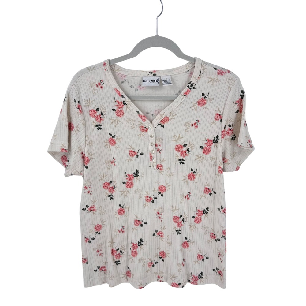 Vintage 90s Y2K Fashion Bug Henley Top Ivory Pink M Floral Ribbed Cottage